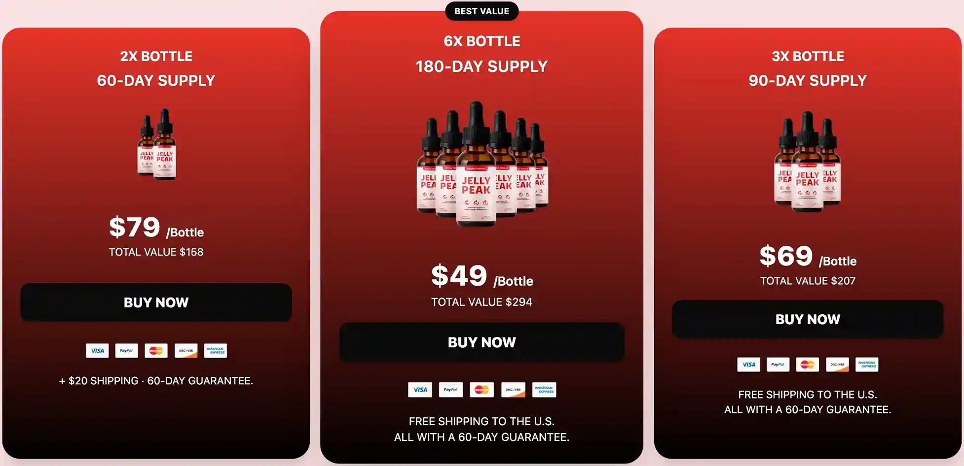 JellyPeak Pricing – 1-Bottle, 3-Bottle and 6-Bottle Supply Options with 60-Day Guarantee